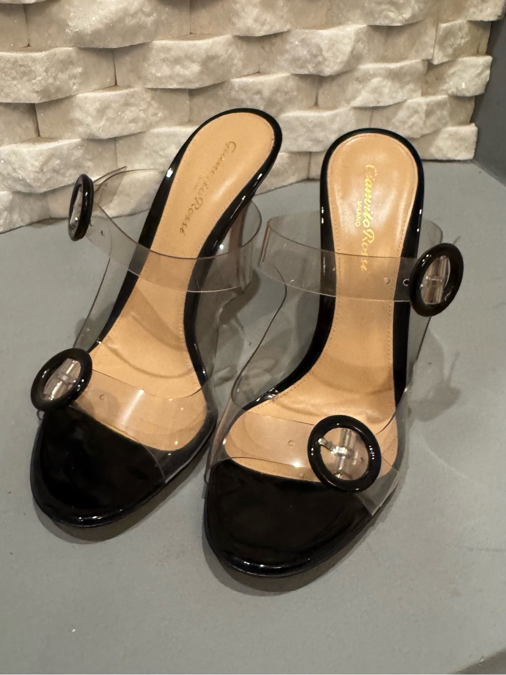 Gianvito Rossi Black Patent & Clear PVC Slide Heels